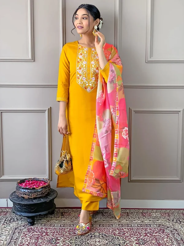 Embroidered Rayon Kurta Set with Printed Organza Dupatta