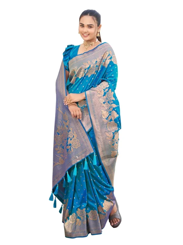 Blue Banarasi Silk Saree with Unstitched Blouse Piece