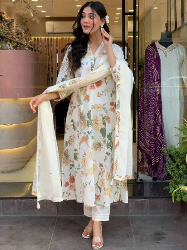 Cream, Yellow & Green Printed Kurta with Trousers & Dupatta