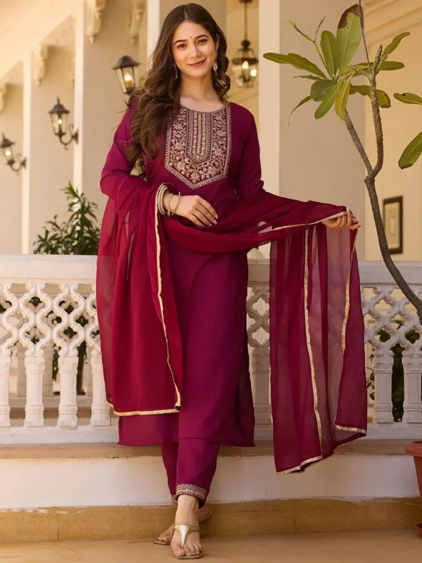 Maroon & Gold Toned Yoke Design Kurta with Trousers & Dupatta