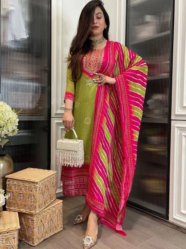 Green, White & Pink Printed Kurta with Trousers & Dupatta