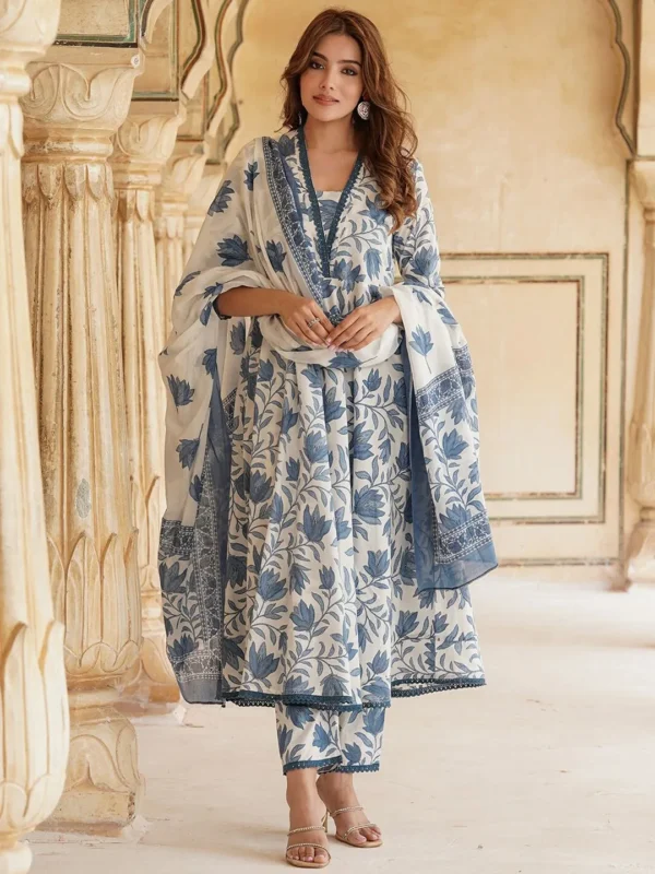 Blue & White Printed Kurta with Trousers & Dupatta